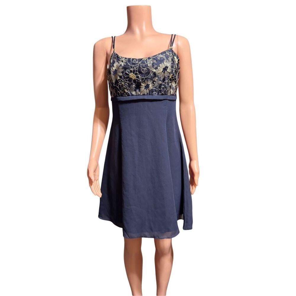 Dollar navy blue dress with gold floral embroidery and adjustable straps dress M